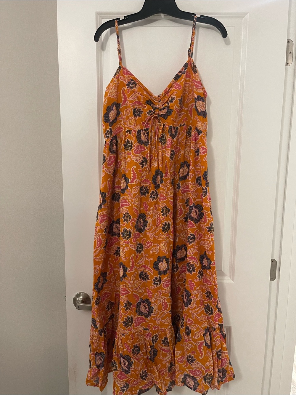 Cleobella Mustard Floral Tiered Maxi Dress with Pink & Navy Accents